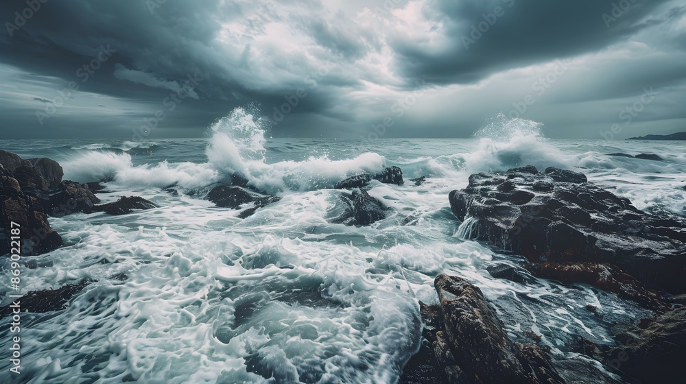 Coastline with rocky beach and waves crashing Coastline with rocky beach and waves crashing