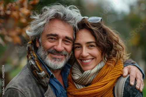 woman man couple happy together hug bonding mature mid middle age aged park outdoor talking leisure fun smiling love old nature wife happiness lifestyle people adult caucasian husband, Generative AI © Raool