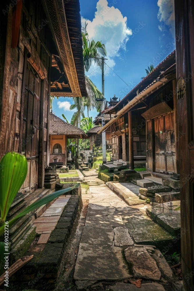 Narrow alley between buildings with palm tree Narrow alley between buildings with palm tree