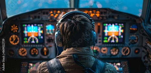 Pilot Wearing Headphones In Airplane Cockpit At Night
