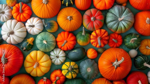A colorful assortment of various pumpkins arranged in a pleasing pattern, showcasing the beauty of fall harvest in vibrant colors. © Jenjira