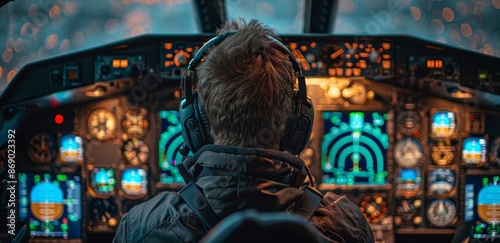 Pilot Wearing Headphones In Airplane Cockpit At Night