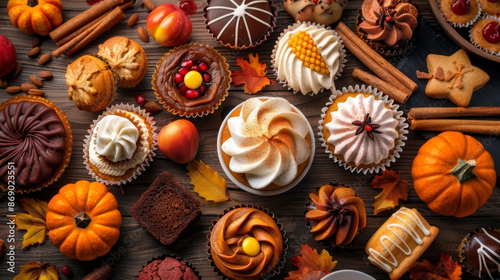 Assorted fall-themed desserts including cupcakes, cookies, and pumpkins, perfect for holiday celebrations and seasonal gatherings. Assorted fall-themed desserts including cupcakes, cookies, and pumpkins, perfect for holiday celebrations and seasonal gatherings.