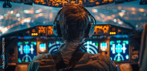 Pilot Wearing Headphones In Airplane Cockpit At Night