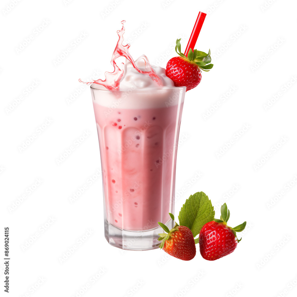 a glass of pink milkshake with strawberries and leaves a glass of pink milkshake with strawberries and leaves