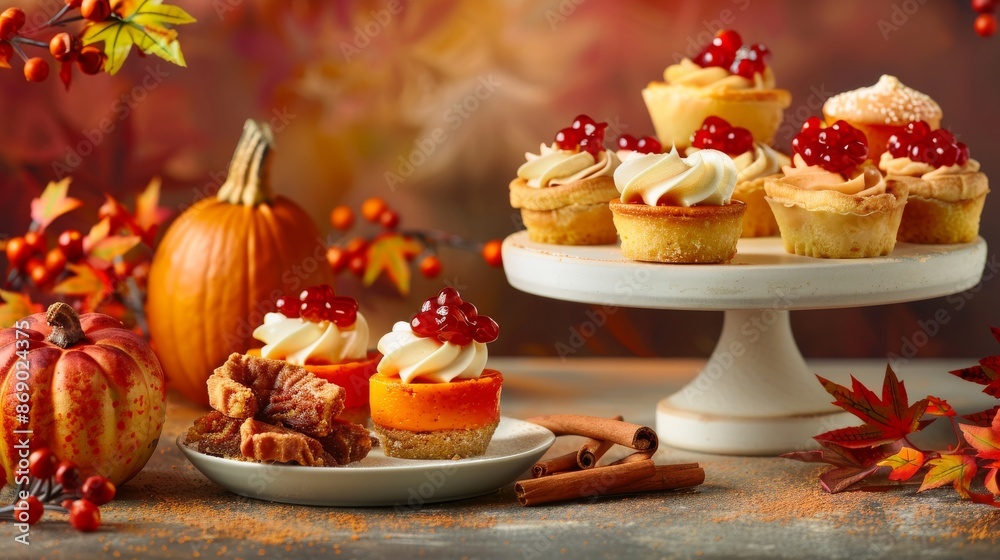 Obraz premium Delicious autumn desserts with pumpkins, cupcakes, and fall decorations. Perfect for seasonal or Thanksgiving culinary themes.