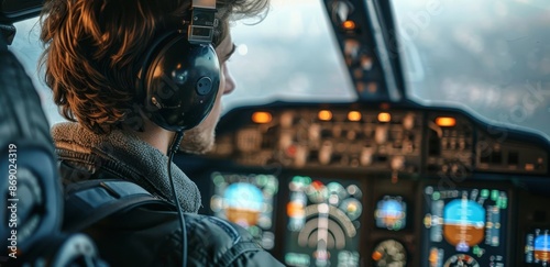 Pilot Wearing Headphones In Airplane Cockpit At Night