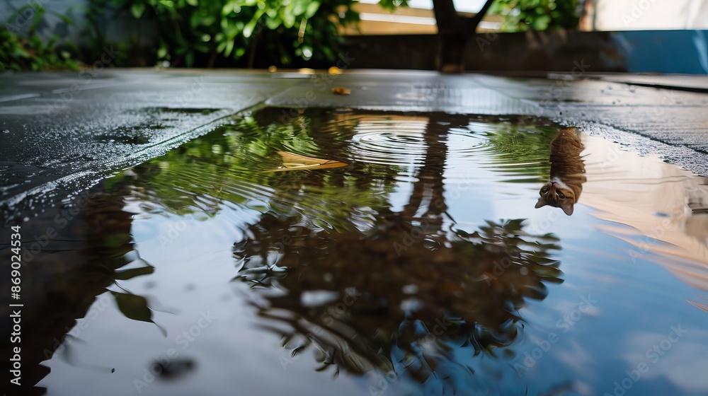 Naklejka premium Backyard with rainwater pooling on the floor, cat drinking, intricate reflections, peaceful and detailed atmosphere