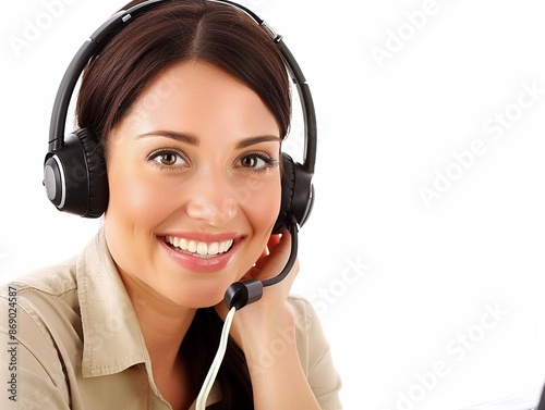 A customer service representative in a headset assisting a customer with a smile and helpful attitude