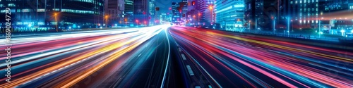 Vibrant City Highway at Night with Fast-Moving Vehicles and Glowing Headlights. Dynamic Metropolis Showcasing Energy and Motion, AI-Generated High-Resolution Wallpaper，Technology, night city skyline,  © Da