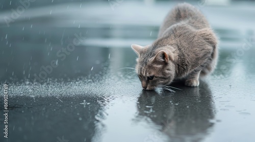 Cat drinking rainwater from a city street floor, detailed textures, urban backdrop, reflections on wet pavement, serene and detailed