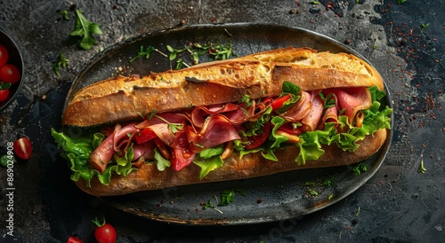 Freshly Made Ham and Lettuce Sub Sandwich on a Black Plate