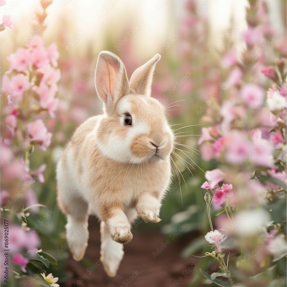 A cute bunny rabbit hops through a field of pink flowers in the springtime. A cute bunny rabbit hops through a field of pink flowers in the springtime.