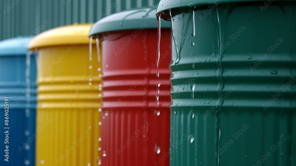Colorful plastic barrels collecting rainwater, water dripping from roof, vivid colors, detailed and textured, functional and visually appealing Colorful plastic barrels collecting rainwater, water dripping from roof, vivid colors, detailed and textured, functional and visually appealing