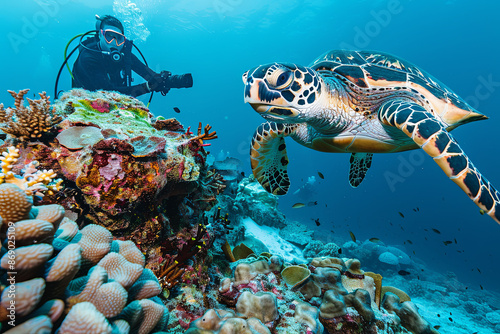 Scuba diver photographing a Hawksbill turtle swimming over a coral reef in the blue sea, underwater adventure photo