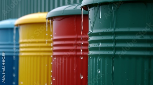 Colorful plastic barrels collecting rainwater, water dripping from roof, vivid colors, detailed and textured, functional and visually appealing © Paul