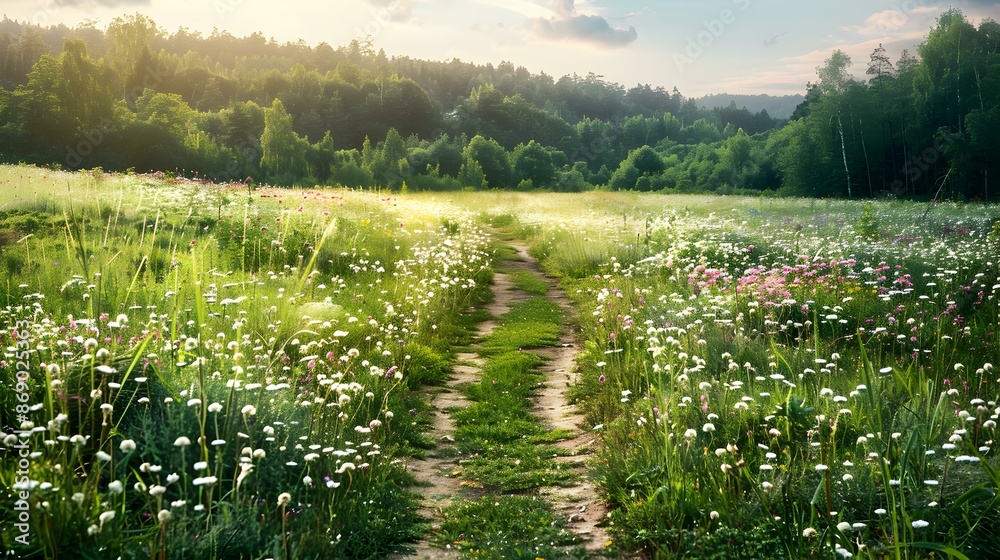 A path passing through a flowering meadow A path passing through a flowering meadow