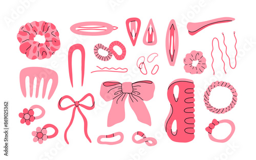 Hand drawn hair accessories. Female hair cartoon scrunchies, headbands, hair tie and elastic bands flat vector illustration set. Hair accessory doodle collection
