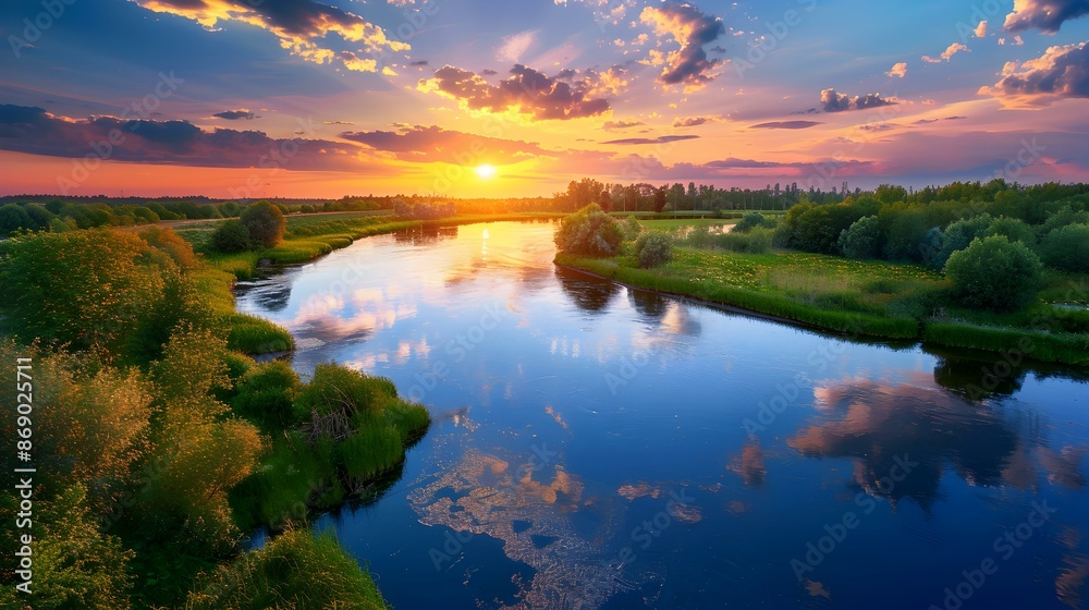 Naklejka premium Sunset on the river with the reflection picture