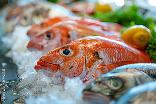 Fresh fish on ice at a market, seafood display photo