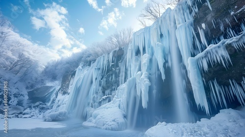 Frozen waterfalls forming giant icicles and icy photo