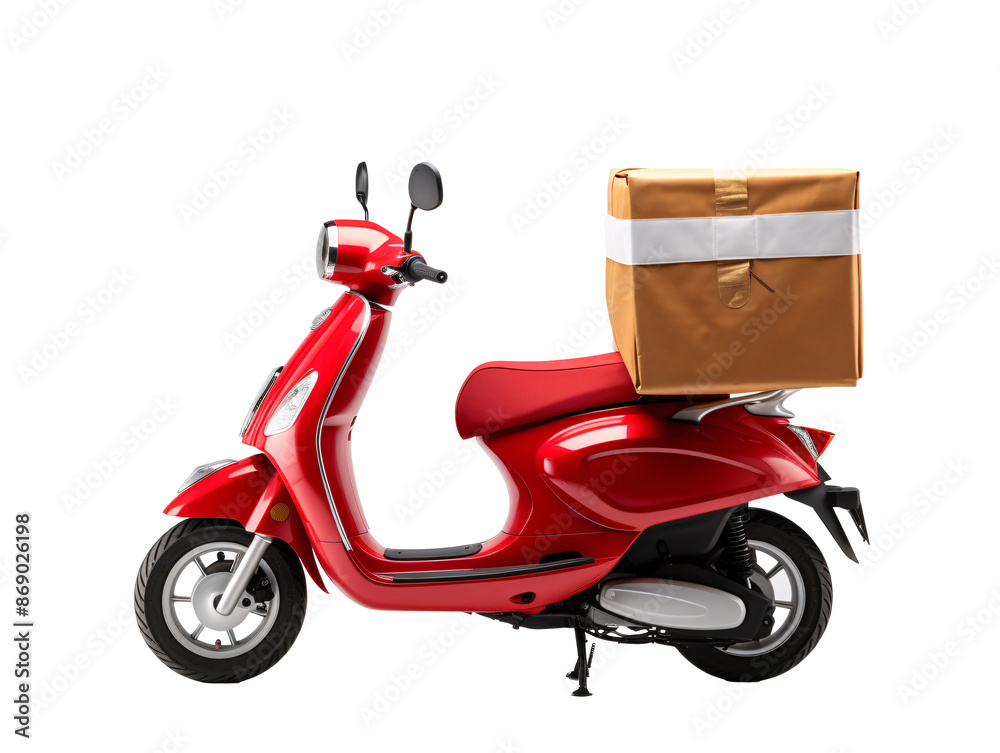a red scooter with a box on the back