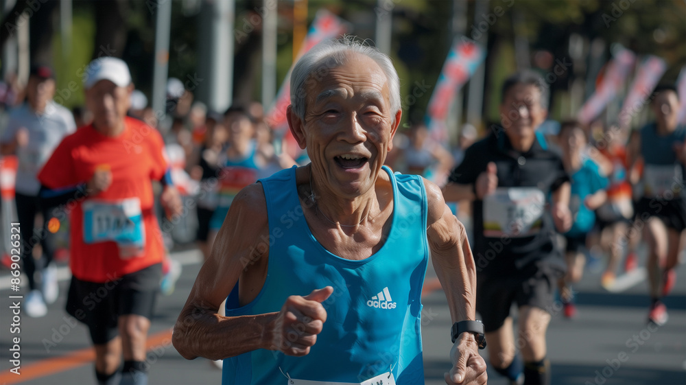 マラソン 笑顔で走る高齢者 マラソン 笑顔で走る高齢者