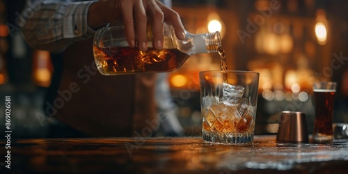 A bartender pours whiskey into a glass over ice, creating a warm ambiance that captures the essence of traditional enjoyment, relaxation, and sophistication in a classic bar setting. photo