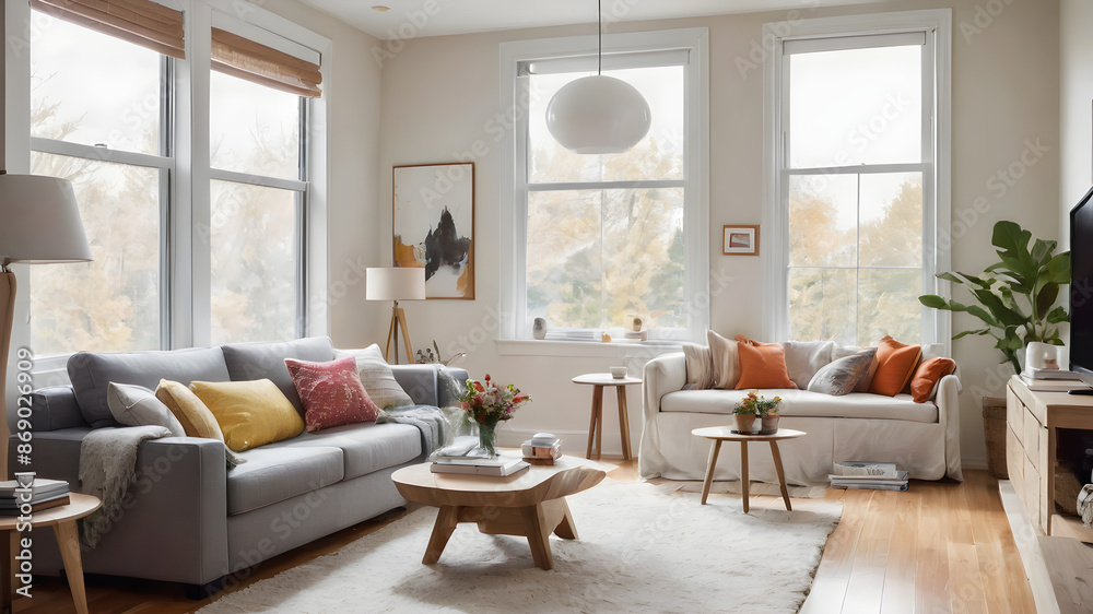 A bright and cozy living room with modern furniture, a soft rug, and large windows letting in natural light. A bright and cozy living room with modern furniture, a soft rug, and large windows letting in natural light.