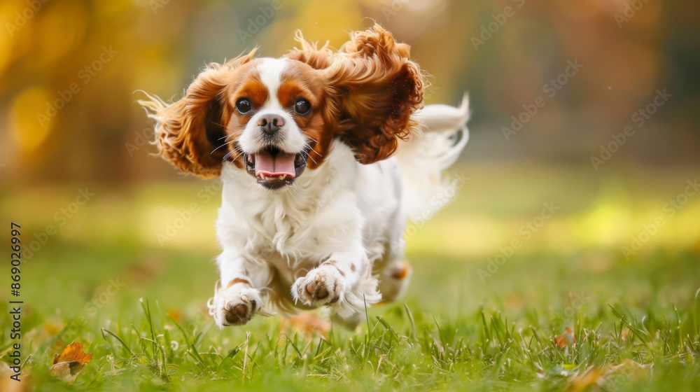 An energetic dog is running in a field with its tail wagging An energetic dog is running in a field with its tail wagging