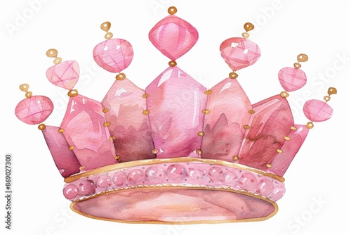 Watercolor painted pink princess crown with golden accents
