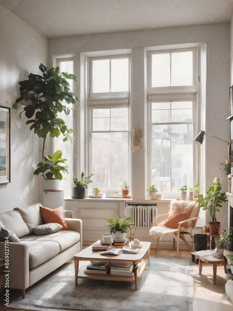 Fototapeta premium A bright and cozy living room with modern furniture, a soft rug, and large windows letting in natural light.