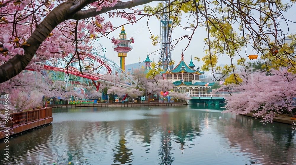 Naklejka premium Lotte World Amusement Park and Seokchon Lake in Spring Cherry blossoms bloom in late MarchApril Seoul South Korea : Generative AI