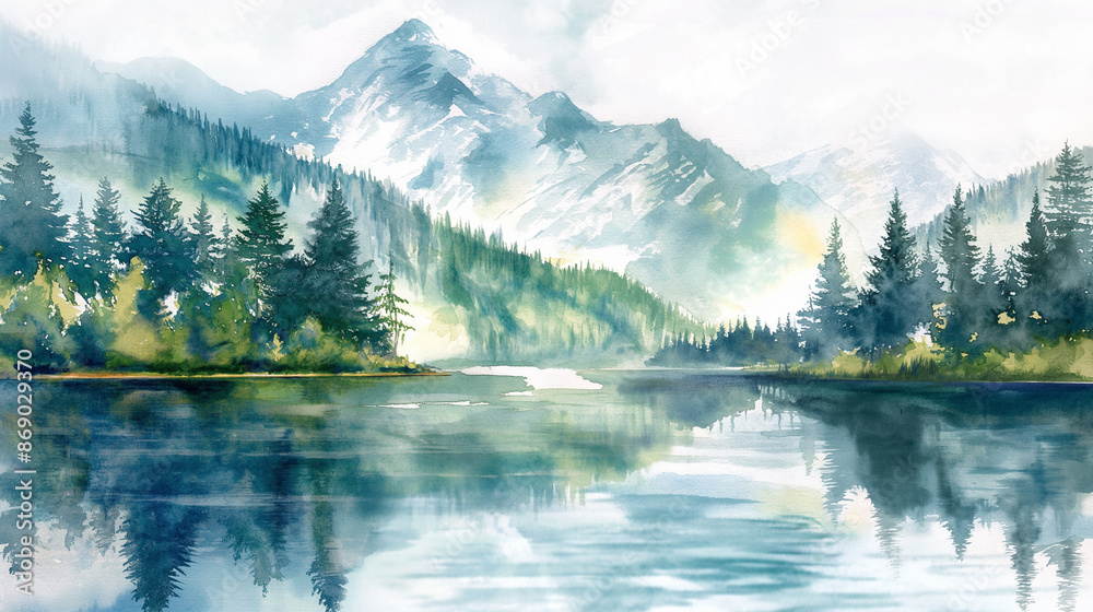 A painting of a mountain range with a lake in the foreground A painting of a mountain range with a lake in the foreground