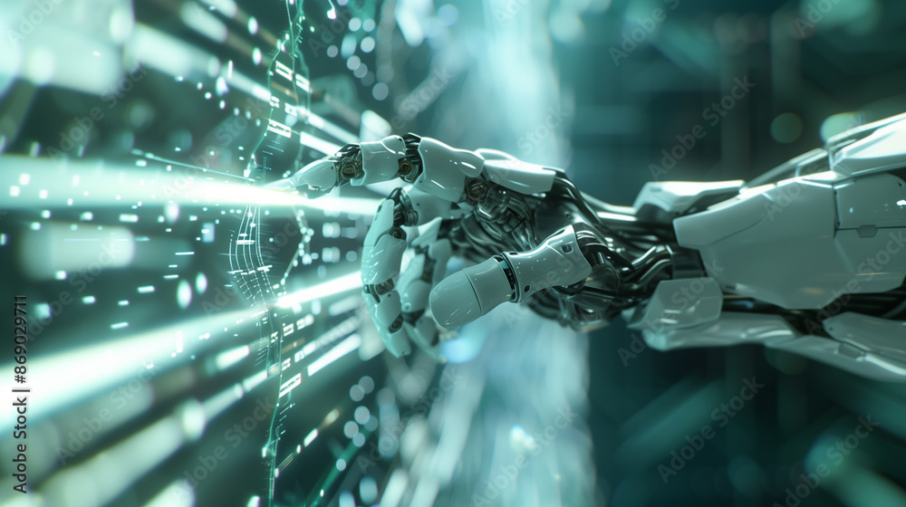 Robotic Hand Interacting with Futuristic Digital Interface Robotic Hand Interacting with Futuristic Digital Interface