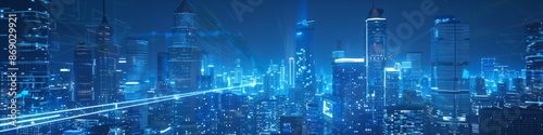 "Low Angle View of Ultra-High Tower with Blue Gradient Neon Lights and Holographic Wireframe, 3D Technology Night City Skyline, Showcasing Vibrant Metropolis Energy and Motion, AI-Generated High-Resol © Da