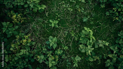 Green grass field plants and weeds top view simple natural background texture grassy ground surface shot from above nobody no people High resolution quality grass texture nobody no peo : Generative AI photo