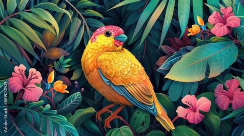 Vibrant Tropical Bird in Lush Foliage