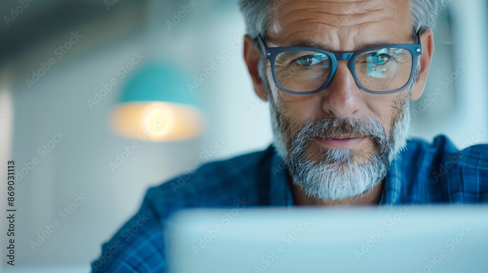 Focused mature man with gray hair and glasses working on a laptop. Casual workplace setting with a blue lamp in the background. Focused mature man with gray hair and glasses working on a laptop. Casual workplace setting with a blue lamp in the background.