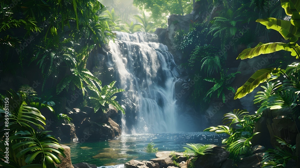 Landscape with a tropical waterfall cascading down picture
