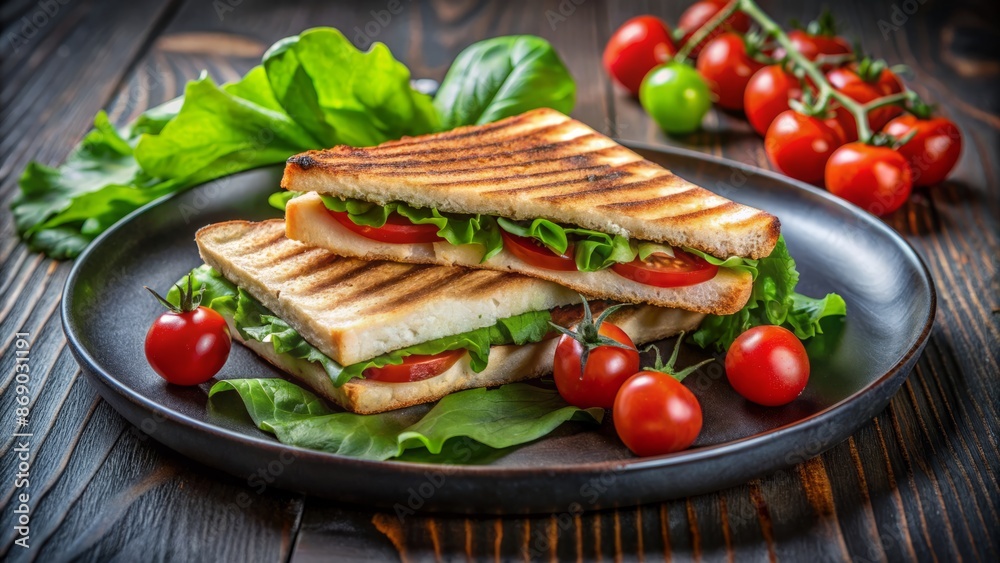 Freshly cooked panini with crispy green lettuce on a sleek black plate, paired with vibrant cherry tomatoes, surrounded by open space. Freshly cooked panini with crispy green lettuce on a sleek black plate, paired with vibrant cherry tomatoes, surrounded by open space.