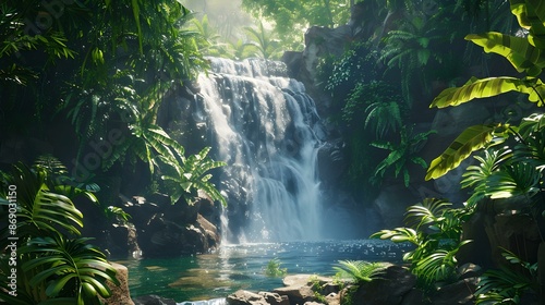Landscape with a tropical waterfall cascading down picture © Yelena