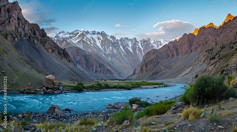 Blue mountain lake and river in a mountain valley among vegetation against the backdrop of rocky peaks with snow in the Fan Mountains in Tajikistan Tien Shan highlands in the evening : Generative AI Blue mountain lake and river in a mountain valley among vegetation against the backdrop of rocky peaks with snow in the Fan Mountains in Tajikistan Tien Shan highlands in the evening : Generative AI