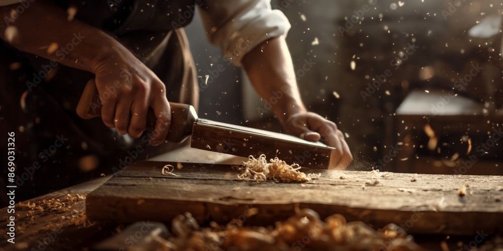 A woodworker skillfully uses a chisel to create intricate details on a wooden piece, surrounded by wood shavings flying in a well-lit workshop, showcasing dedication to craft. A woodworker skillfully uses a chisel to create intricate details on a wooden piece, surrounded by wood shavings flying in a well-lit workshop, showcasing dedication to craft.