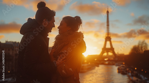 couple at sunset In the background of the Eiffel Tower