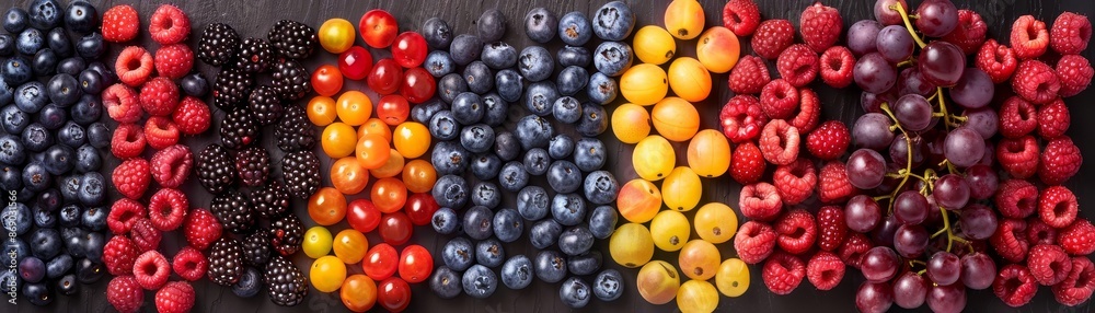 Colorful Berries and Grapes on Black Background, beta carotene Colorful Berries and Grapes on Black Background, beta carotene