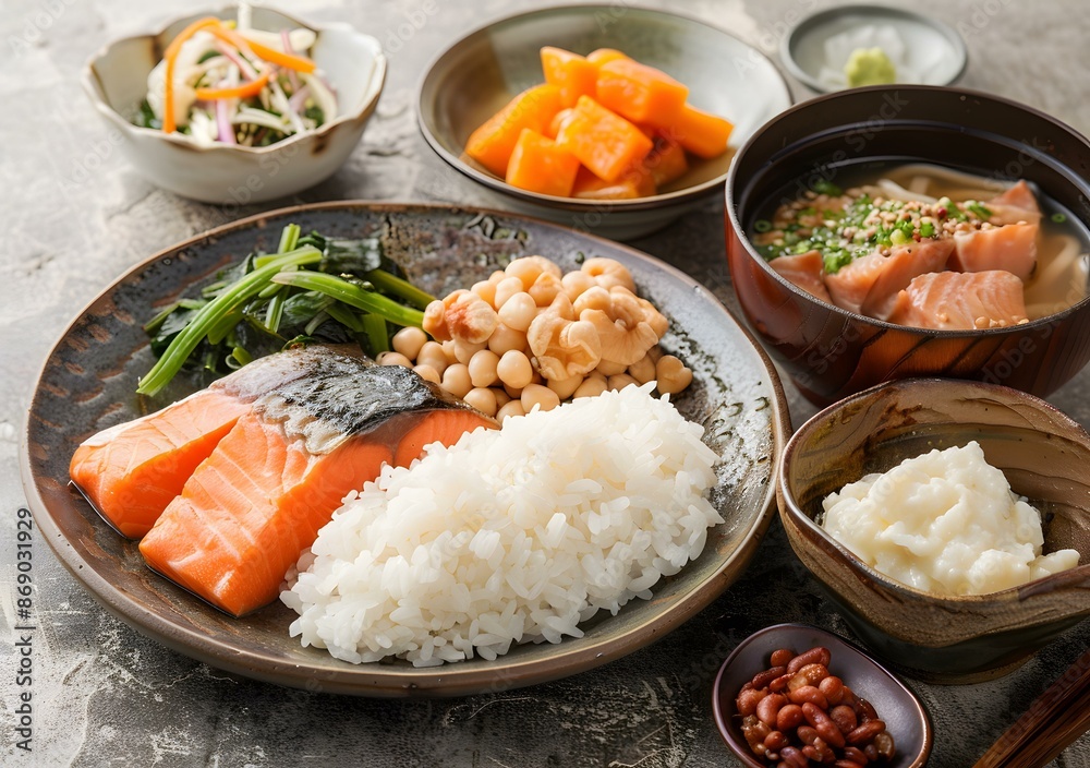 Japanese Cuisine: Salmon and Rice with Various Side Dishes Japanese Cuisine: Salmon and Rice with Various Side Dishes