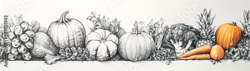Pencil Drawing of Fresh Vegetables and Fruits with Black and White Color Scheme, beta carotene