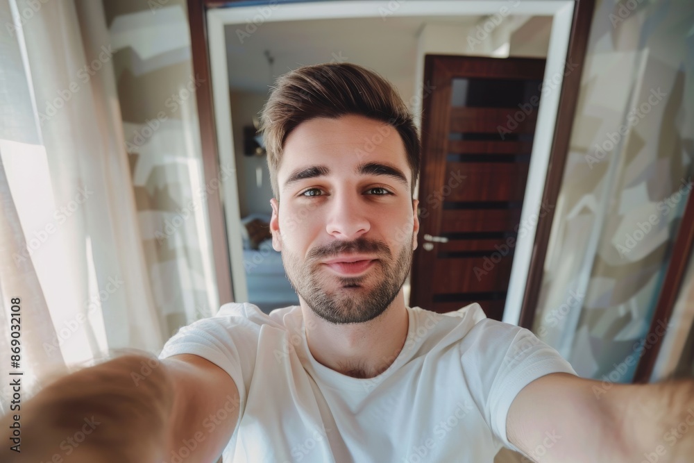 Handsome caucasian man taking a selfie indoor at home