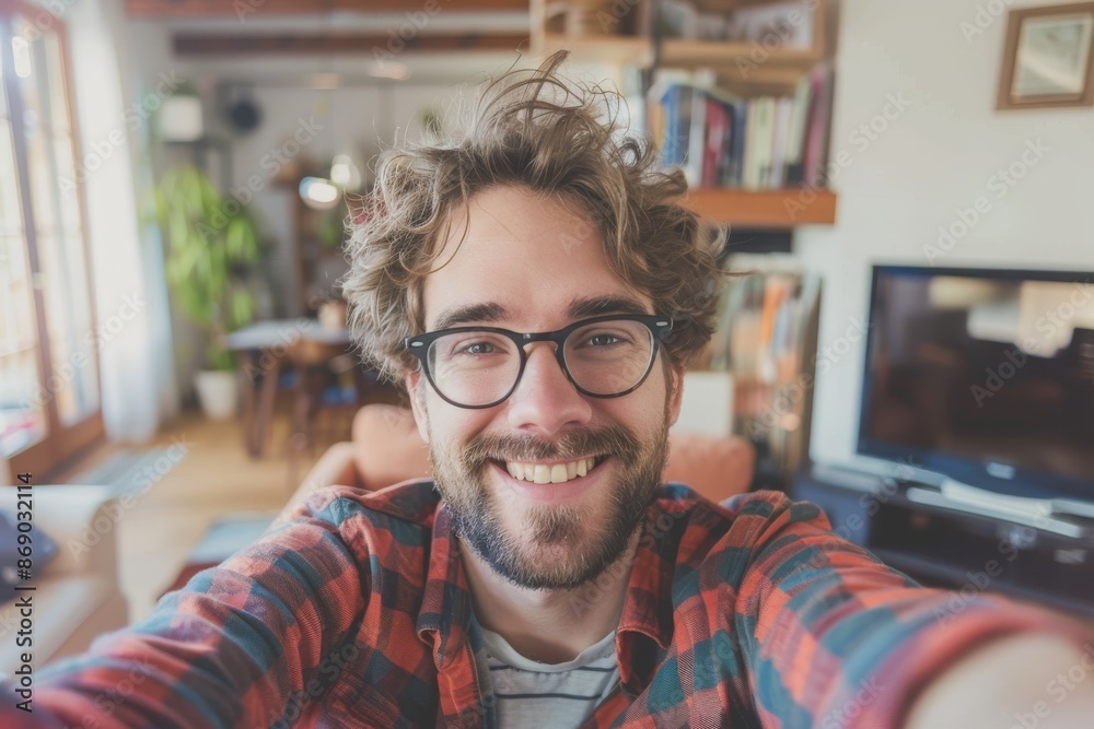 Handsome caucasian man taking a selfie indoor at home Handsome caucasian man taking a selfie indoor at home